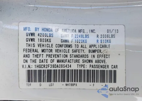 2013 Honda Accord Lx z USA, uszkodzony, nr VIN 1HGCR2F39DA095434